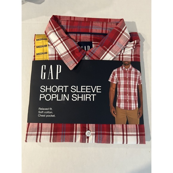 GAP Shirt Mens Short Sleeve Button Down Collar Poplin Medium New Red‎ White Blue - Picture 1 of 2